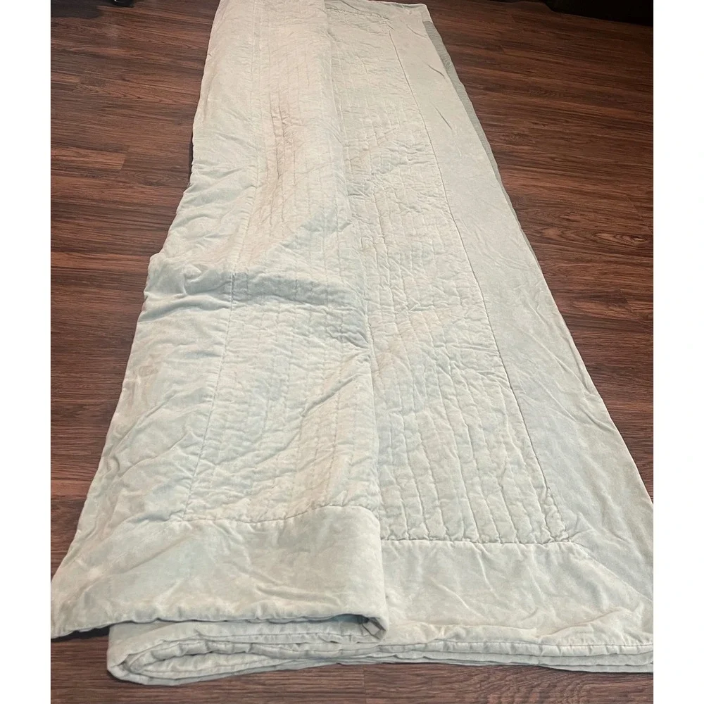 Pottery Barn King Quilt one Sham Sage Green Silk Cotton Velvet Channel Stitch